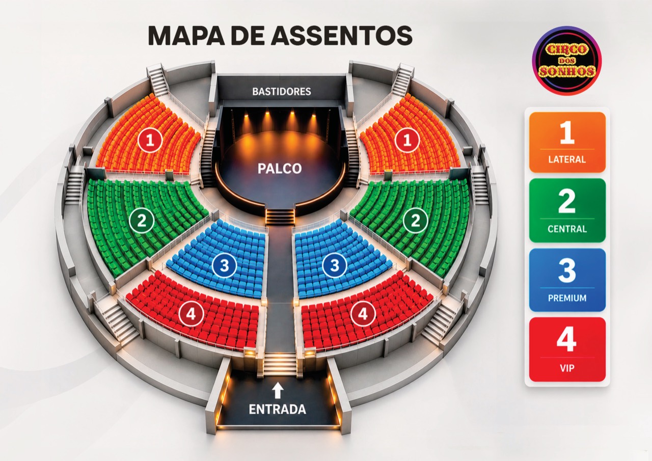 Mapa original: palco ao centro superior, entrada embaixo. 1 Lateral laranja, 2 Central verde, 3 Premium azul e 4 VIP vermelho.